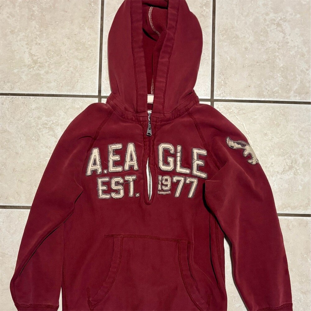 Y2K 90s Vintage American Eagle Mens Hoodie Small Burgundy Half Zip Pullover!